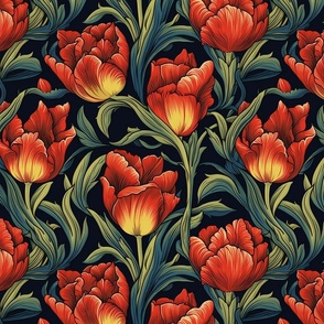 william morris inspired tulips in red and orange