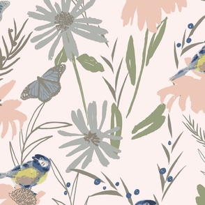 Wildflowers and Bird Pink and Green -Large Scale Fabric