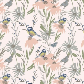 Wildflowers and Bird Pink and Green-medium scale Fabric