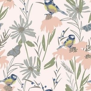 Wildflowers and Bird Pink and Green-Small Scale Fabric