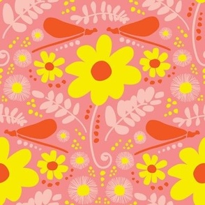 Scalloped Dragonflies and Daisies in Pink and Yellow