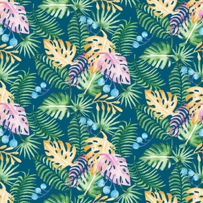 Tropical Pink and Yellow Monstera Leaves with Blue Berries on Teal