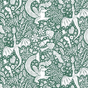 Maximalist Fairytale Magic - dragons, gnomes, jackalopes, unicorns, mushrooms, gems - green and white - medium