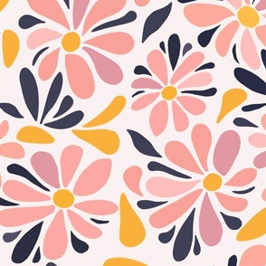 Hand Painted Midcentury Modern Abstract Pink Retro Daisy Flowers Matisse Pattern 2