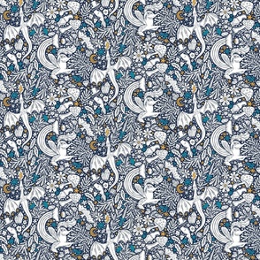 Maximalist Fairytale Magic - dragons, gnomes, jackalopes, unicorns, mushrooms, gems - navy blue, teal, yellow and white - small