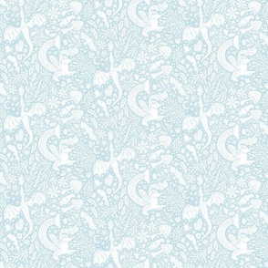 Maximalist Fairytale Magic - dragons, gnomes, jackalopes, unicorns, mushrooms, gems - light sky blue and white - small