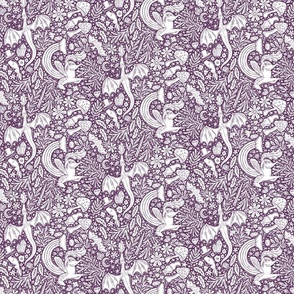 Maximalist Fairytale Magic - dragons, gnomes, jackalopes, unicorns, mushrooms, gems - purple and white - small