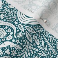 Maximalist Fairytale Magic - dragons, gnomes, jackalopes, unicorns, mushrooms, gems - teal and white - small