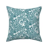 Maximalist Fairytale Magic - dragons, gnomes, jackalopes, unicorns, mushrooms, gems - teal and white - small