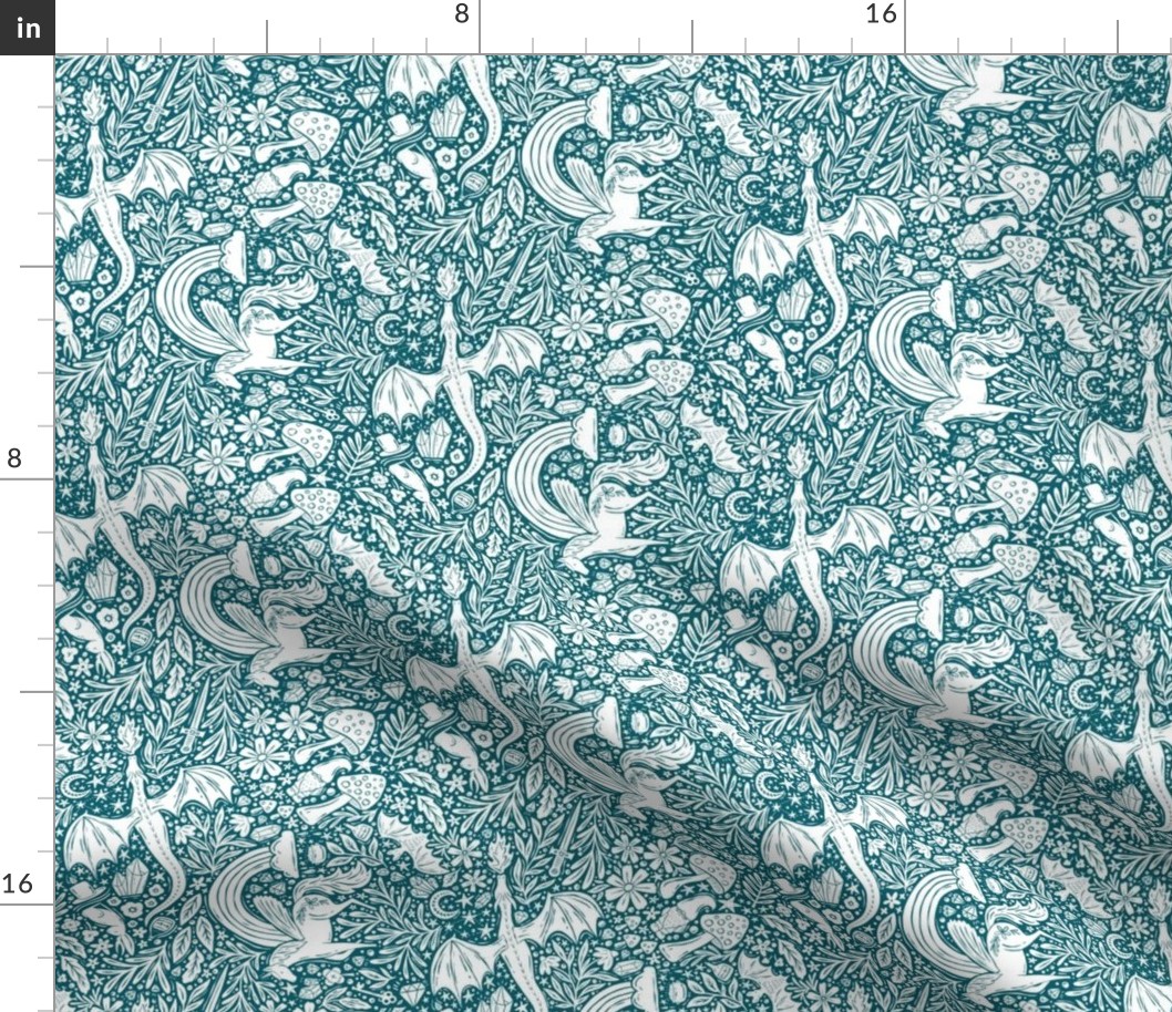 Maximalist Fairytale Magic - dragons, gnomes, jackalopes, unicorns, mushrooms, gems - teal and white - small