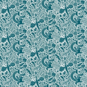 Maximalist Fairytale Magic - dragons, gnomes, jackalopes, unicorns, mushrooms, gems - teal on white - small