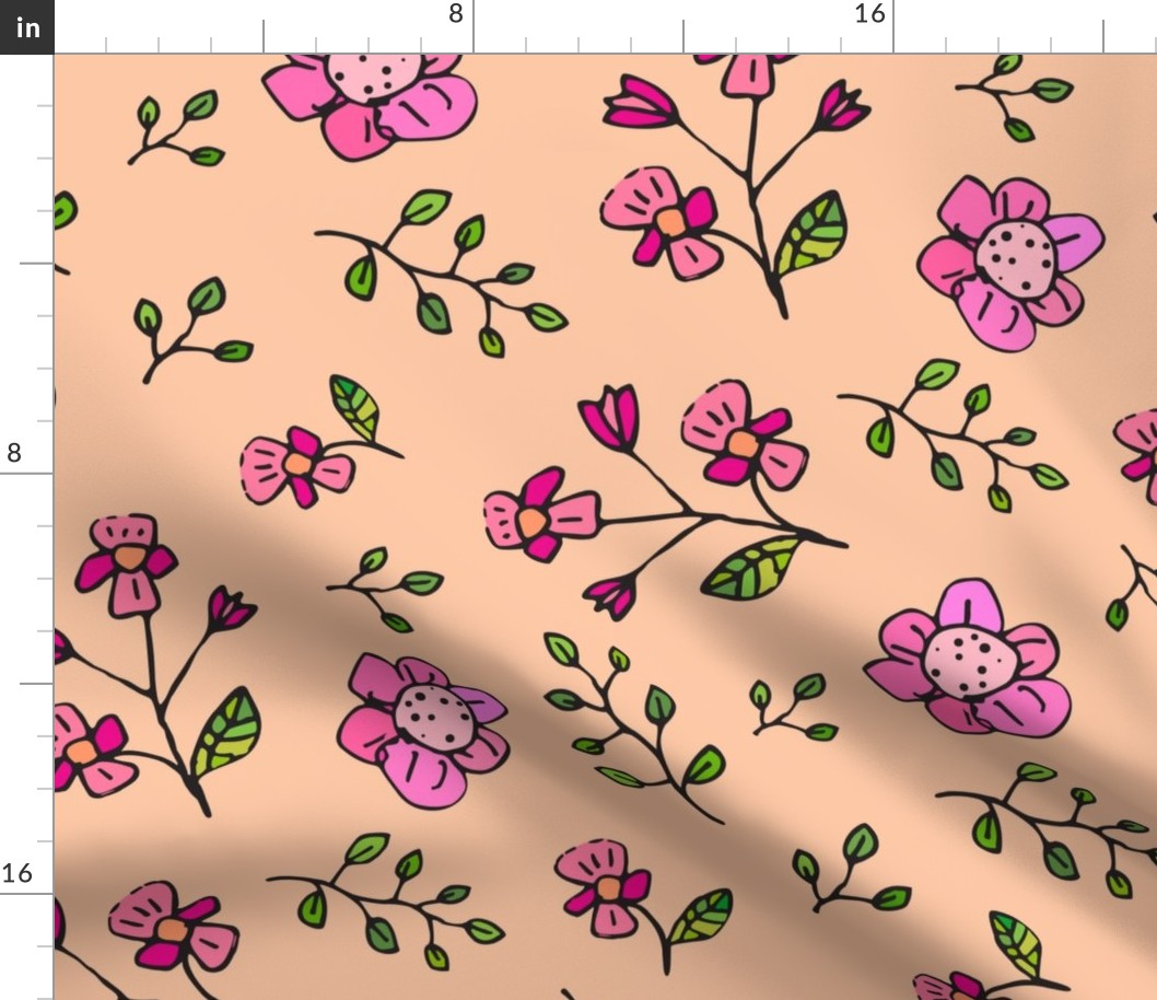 Ditzy Pink Hand Drawn Flowers on Soft Apricot