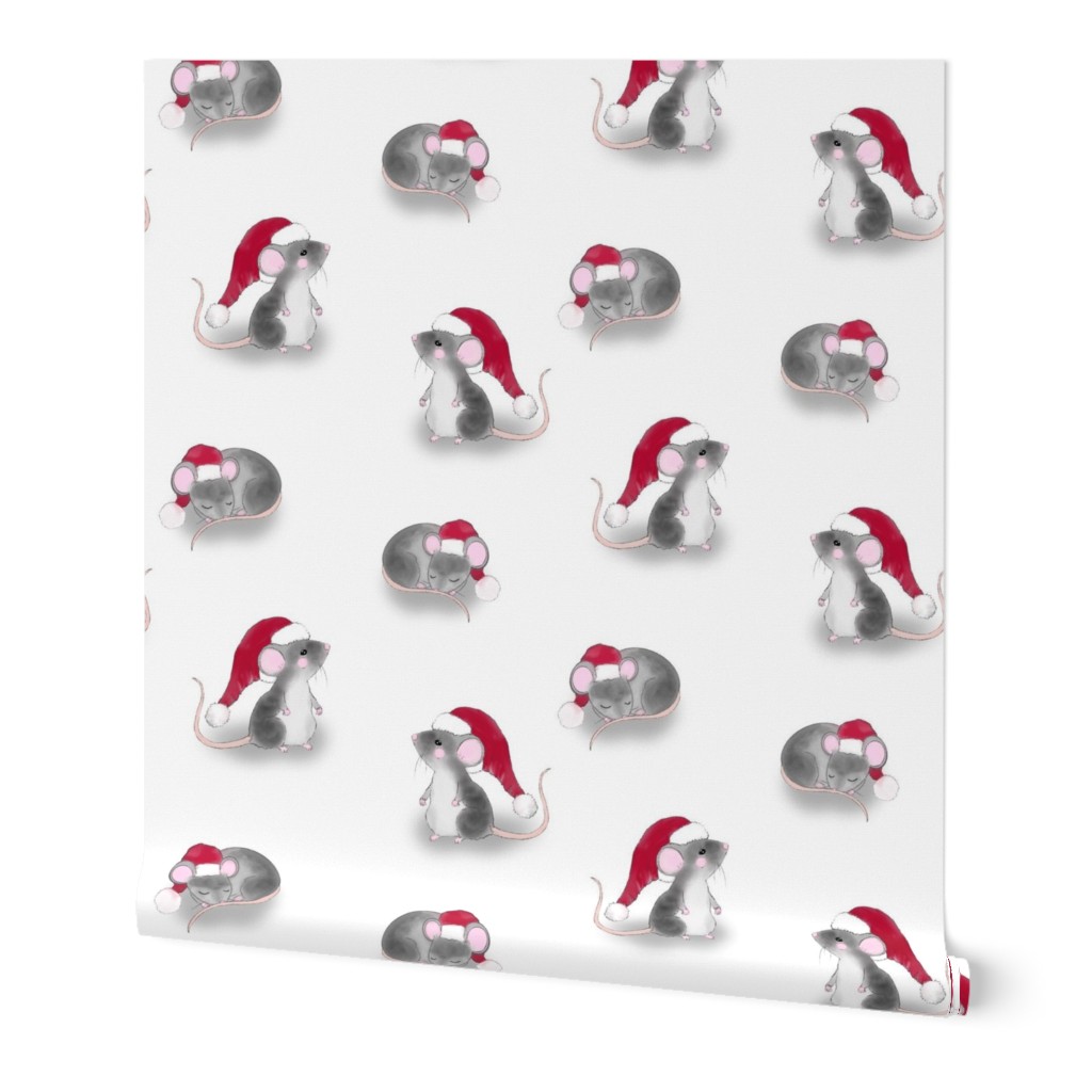 Sleepy Holiday Mice with Santa Hats on White