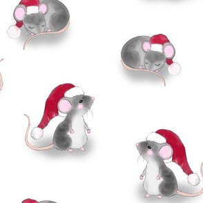 Sleepy Holiday Mice with Santa Hats on White