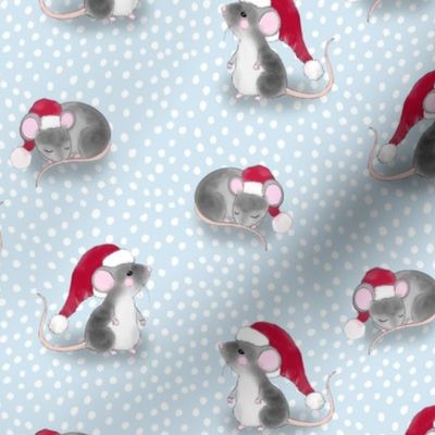 Cute Christmas Mice with Santa Hats on Baby Blue Dot