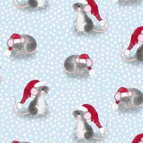 Cute Christmas Mice with Santa Hats on Baby Blue Dot