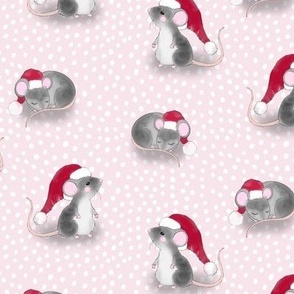 Cute Christmas Mice on Pink with White Dots