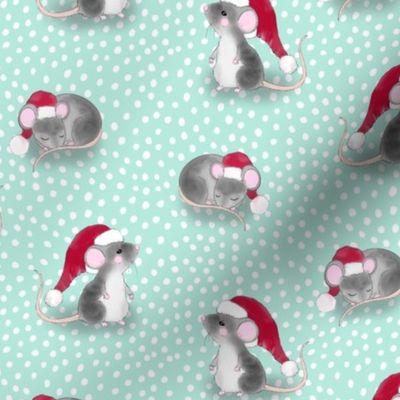 Christmas Mice with Santa Hats on Mint Green Dot