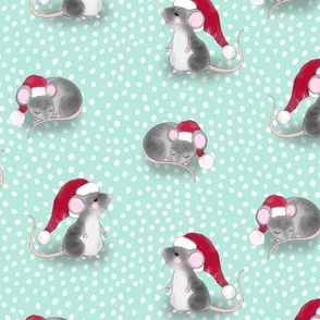 Christmas Mice with Santa Hats on Mint Green Dot