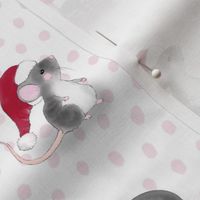 Christmas Mice with Santa Hats on White with Pink Polkadots