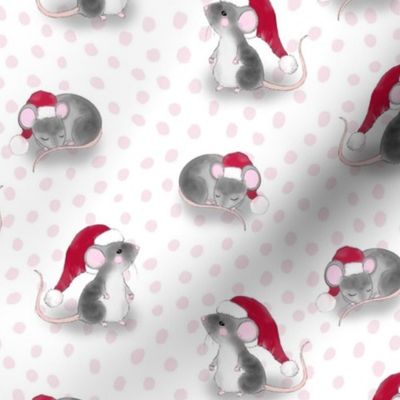 Christmas Mice with Santa Hats on White with Pink Polkadots