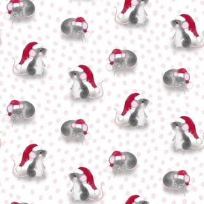 Christmas Mice with Santa Hats on White with Pink Polkadots