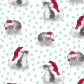 Christmas Mice with Santa Hats on White with Aqua Dots