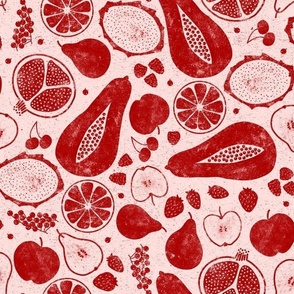 Mixed Fruit Block Print, Red on Soft Pink