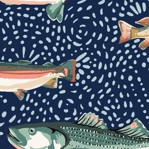 Lake fish on dark navy blue textured background with painterly fish drawings in soft earthy coral pinks, green, mustard yellow, cream