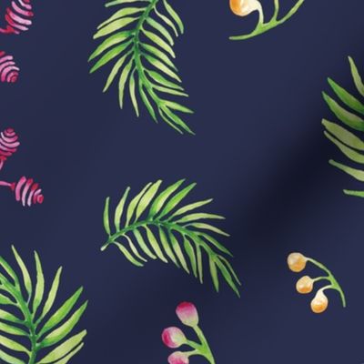 Tropical Leaves with Yellow and Fuchsia Berries on Indigo Large Scale 17.96in x 8.98in Repeat