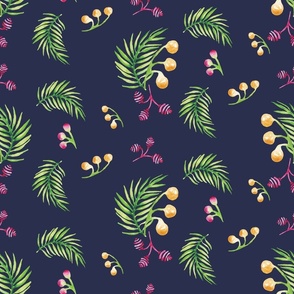 Tropical Leaves with Yellow and Fuchsia Berries on Indigo Large Scale 17.96in x 8.98in Repeat