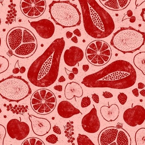 Mixed Fruit Block Print Red on Coral