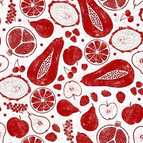 Mixed Fruit Block Print Red on White 