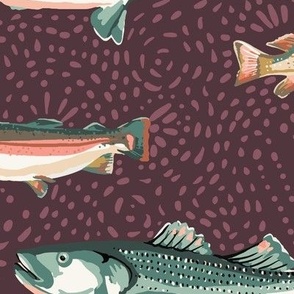 Lake fish on Maroon textured background, painterly fish drawings in soft earthy coral pinks, green, mustard yellow, cream