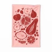 Mixed Fruit Block Print Tea Towel, Coral
