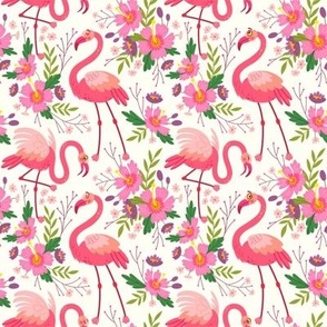 Exotic tropical pattern with pink flamingos, flowers, and leaves. Stylish floral and bird print.