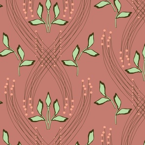 Desaturated Leaves and Curves on Dusty Pink with Green