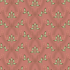 Desaturated Leaves and Curves on Dusty Pink with Green - Small Scale