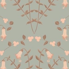 Romantic pastel floral bellflower with vintage cottage core vibe, sage and pink peach