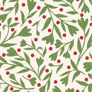 12”  rpt.  Large Scale  Scandinavian Vines -  Holly Green,  Cherry Red, on Off  White Background  12" Repeat. Additional sizes and colors available.
