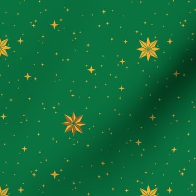 North Star Christmas Collection - Distant Stars Design on Green – gold & bronze small stars on a green background 