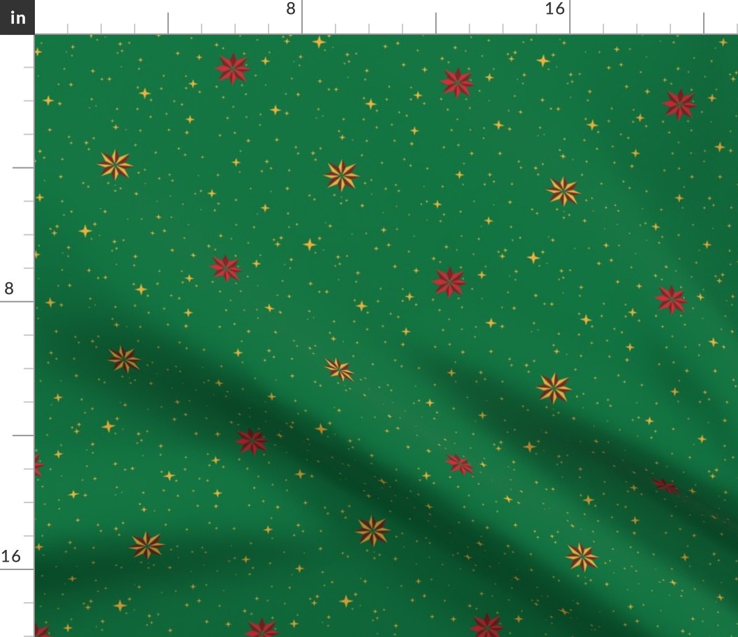 North Star Christmas Collection - Distant Stars Design Red & Gold on Green – Red, gold & bronze small stars on a green background 