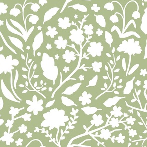 Cottage Garden Floral Silhouettes on a sage green background