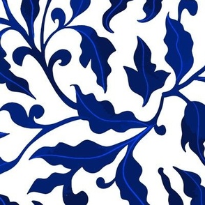 Elegant classy Chino Foliage, chinoiserie in deep cobalt blue on white, large