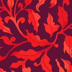 Elegant bold dramatic Chino Foliage, chinoiserie in flaming cherry red on deep plum lilac, large