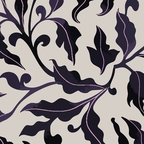 Elegant classy Chino Foliage, chinoiserie in deep lilac mauve on soft sandy beige, large