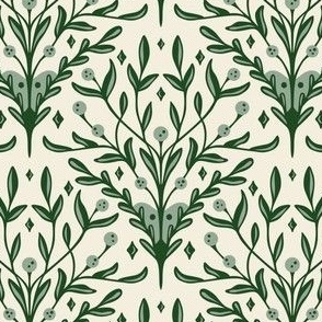 Elegant Berry, Leaf, Botanical Holiday Floral in Ivory White, Emerald Green, and Sage Green