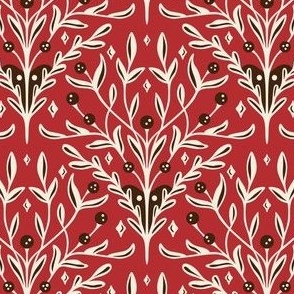 Elegant Berry, Leaf, Botanical Holiday Floral in Rich Crimson Red, Sepia Brown, and Ivory White