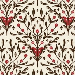 Elegant Berry, Leaf, Botanical Holiday Floral in Ivory White, Rich Crimson Red, and Sepia Brown