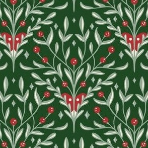 Elegant Berry, Leaf, Botanical Holiday Floral in Emerald Green, Rich Crimson Red, and Ivory White